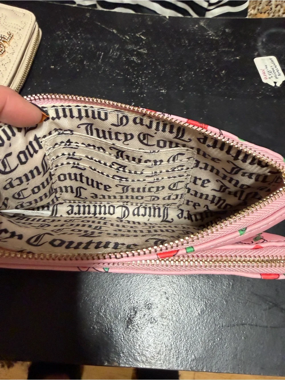 Juicy Couture Pink Cherry Print Clutch with Gold Chain